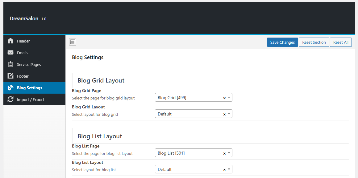 Theme Options Blog settings screen